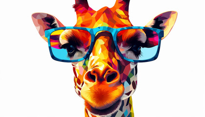 Cartoon colorful giraffe with sunglasses on white