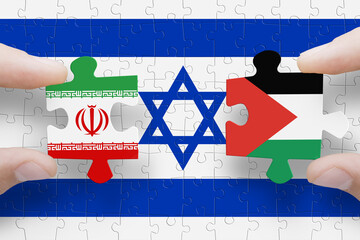 Puzzle made from flags of Israel, Iran and Palestine. Gaza and Israel conflict. Terrorist organizations hezbollah and hamas