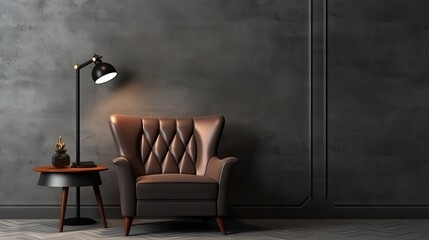Comfortable armchair and lamp near wall with space for design. Stylish interior elements