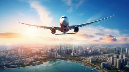 Keuken spatwand met foto Jet plane aircraft traveling in the sky over city buildings in downtown travel destination of Singapore City. Showing concept of tourism transportation, airplane manufacturing and airline business. © HN Works