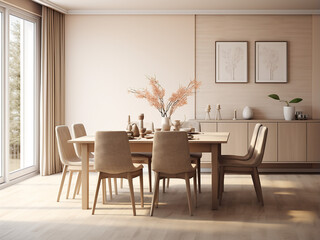 Beige dining room featuring sleek furniture, warm design. AI Generation.