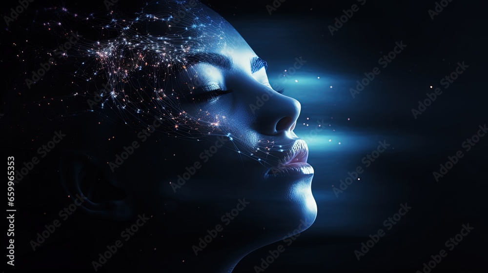 Aufkleber responsive web banner design with illustration of human face made by tiny particles between glowing 