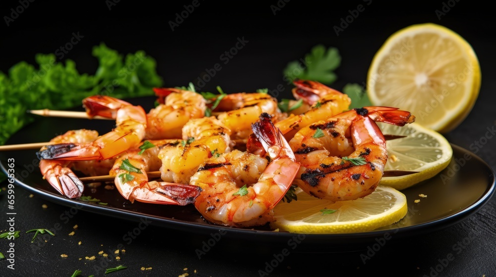Poster grilled shrimps on skewers with lemon and garlic. seafood. on a stone background.