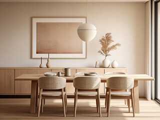 Serene beige dining room, elegant furniture and inviting design. AI Generation.