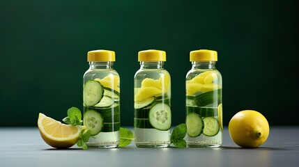 Lemon, cucumber and mint water in glass bottles. Sassy water for detox or dieting with fitness dumbbells in the background. Healthy eating, weight loss, lifestyle concept