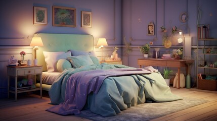 A bedroom where pastel hues dominate, from the lavender bedspread to mint green walls.