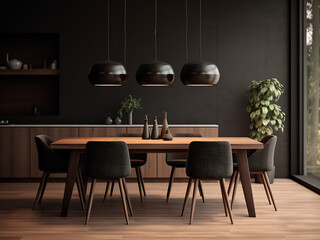 Contemporary black dining room design complementing furniture. AI Generation.