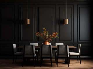 Contemporary design elements enhance the black dining room's furniture. AI Generation.