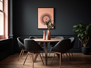 Aesthetic furniture complements the black dining room's design. AI Generation.