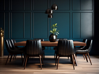 Stylish black dining room with carefully chosen furniture. AI Generation.