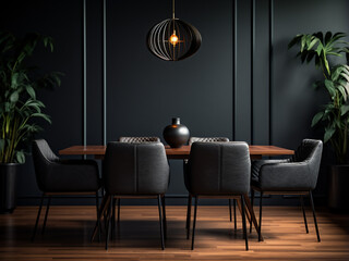 Minimalist interior showcases the black dining room's furniture. AI Generation.