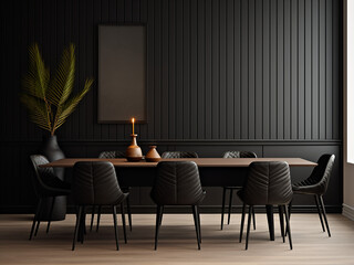 Modern black dining room design accentuated by its furniture. AI Generation.