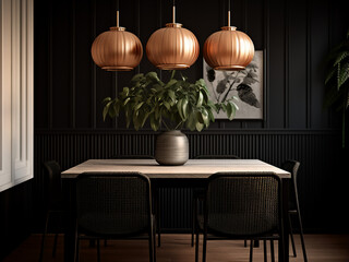 Sleek furniture enhances the appeal of the black dining room. AI Generation.