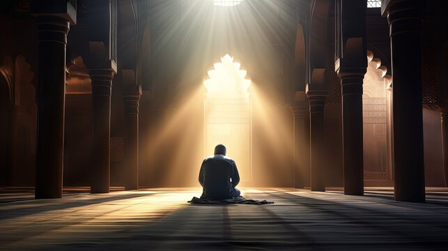 Islamic photo. Muslim man praying in the mosque. Sunlight rays and haze through the window. Ramadan or islamic concept photo with copy space for texts.