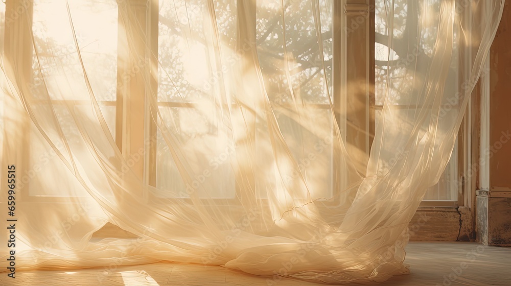 Poster transparent curtain on the window, gently moved by the wind. sunlight. sun's rays shine through the 