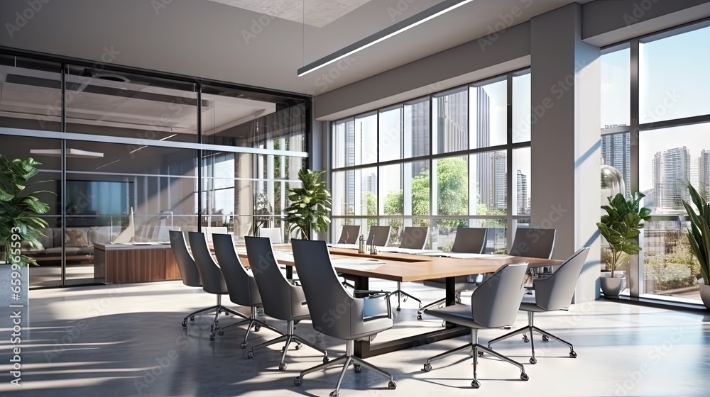 Poster an office in gray tones with long tables and chairs in a worker meeting room with large window and n