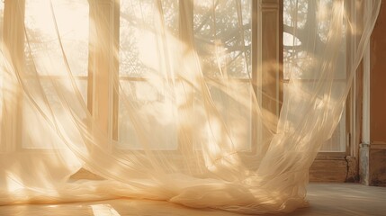 transparent curtain on the window, gently moved by the wind. sunlight. sun's rays shine through the transparent tulle