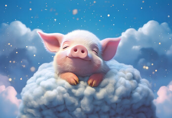 Lucky pink pig sleeps on the cloud in the sky, in the style of realistic and hyper-detailed renderings, playful character design of piggy, charming illustration - obrazy, fototapety, plakaty