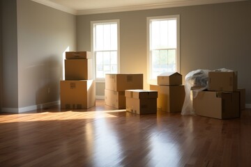 a foreground of packed moving boxes in a vacant room