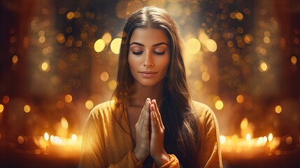 Holy spirituality, world human spirit and religion day concept with woman prayer praying in peace under gold candle light bokeh - obrazy, fototapety, plakaty