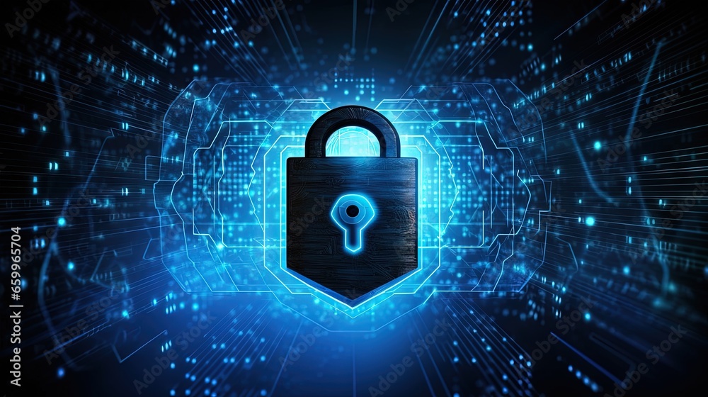 Aufkleber Cyber security concept: Shield With Keyhole icon on digital data background. Illustrates cyber data security or information privacy idea. Blue abstract hi speed internet technology.