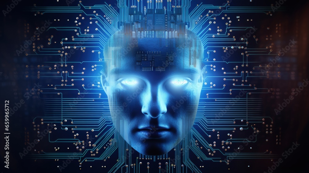 Poster Deep Learning concept, human face on processor chip between digital rays on blue background.