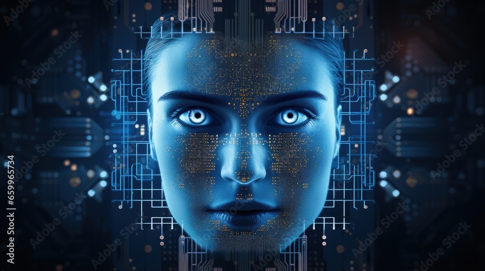 Poster deep learning concept, human face on processor chip between digital rays on blue background.