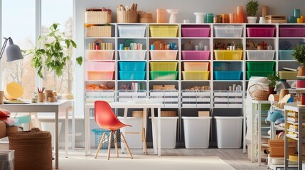 A craft room organized with colorful bins and containers against bright white shelves.