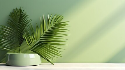 Modern, minimal blank matte paint texture green wall with tropical tree in sunlight, leaf shadow...