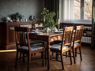 Timeless interior design in a classic dining room. AI Generation.
