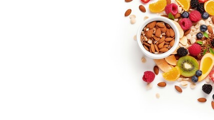 Muesli bowl, organic ingredients for healthy breakfast Granola, nuts, dried fruits, oatmeal, whole grain flakes on white background. Copy space, banner - obrazy, fototapety, plakaty