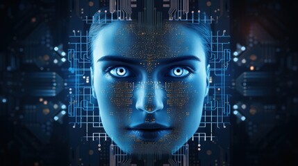 Deep Learning concept, human face on processor chip between digital rays on blue background.