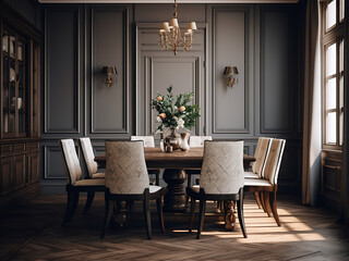 Iconic elements blend seamlessly in classic dining room. AI Generation.