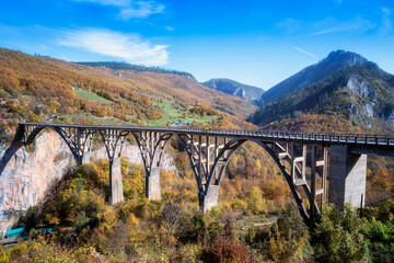 Aerial view of the magnificent Djurdjevica Bridge over Tara river canyon in the northern part of Montenegro in autumn..