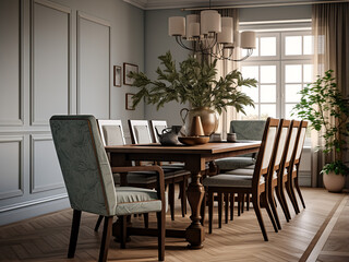 Classic dining room furnished with elegance and style. AI Generation.