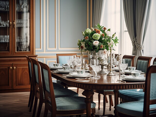 Classic dining room design creates ideal dinner setting. AI Generation.