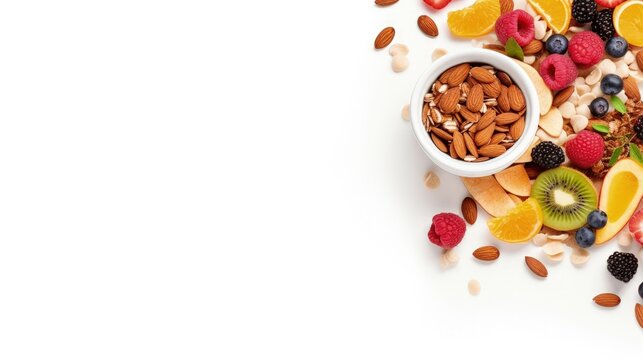 Muesli Bowl, Organic Ingredients For Healthy Breakfast Granola, Nuts, Dried Fruits, Oatmeal, Whole Grain Flakes On White Background. Copy Space, Banner