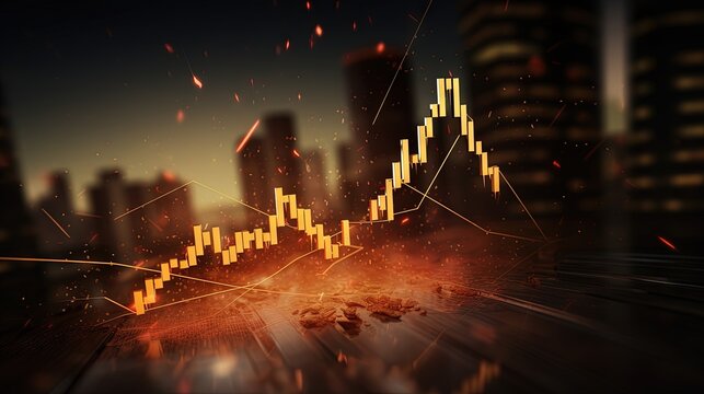 Falling down yellow stock arrow icon. Financial crisis, downgrade, inflation concept. 3d render. 3D Panic selling Down trend Candlestick chart, financial and stock markets, trading cryptocurrency.