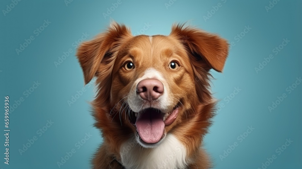 Poster beautiful nova scotia duck tolling retriever dog isolated on a blue turquoise background. dog studio