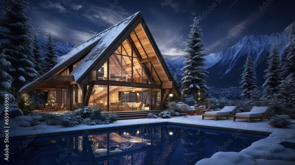 Poster 3d rendering of modern cozy chalet with pool and parking for sale or rent. beautiful forest mountain
