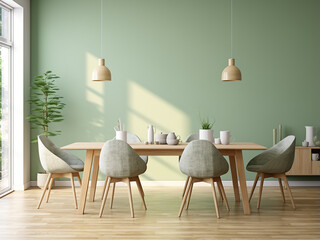 Lush green dining room with stylish furniture. AI Generation.