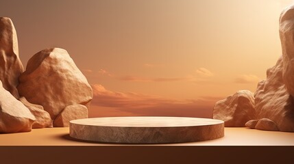 Fototapeta na wymiar 3D podium stone display on brown background. Beige rock, cosmetic beauty product promotion pedestal with sun shadow. Nature landscape showcase. Abstract minimal studio 3D render