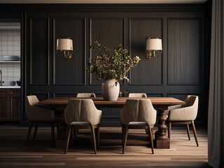 Inviting ambiance in a dark wood dining room. AI Generation.
