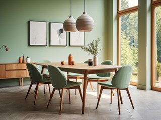 Inviting green dining room with tasteful furniture. AI Generation.