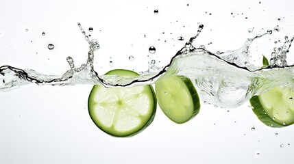 gin tonic with a slice of fresh cucumber on a white table with cut limes and splashes
