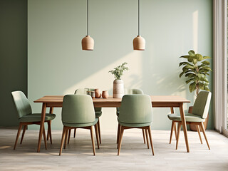 Welcoming green dining room with elegant furniture. AI Generation.