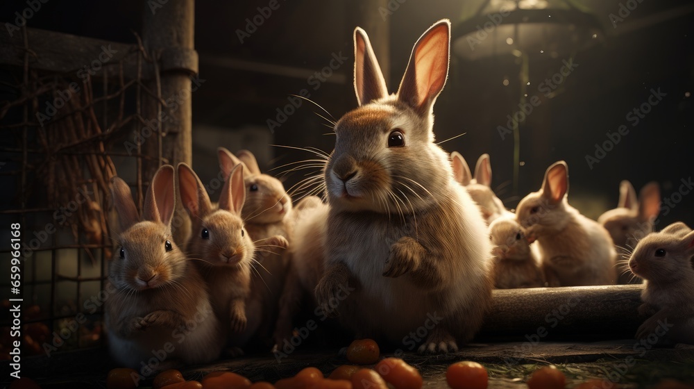 Poster small fluffy rabbits in the pen are eating food from a cup. there is a litter of hay in the pen. rab