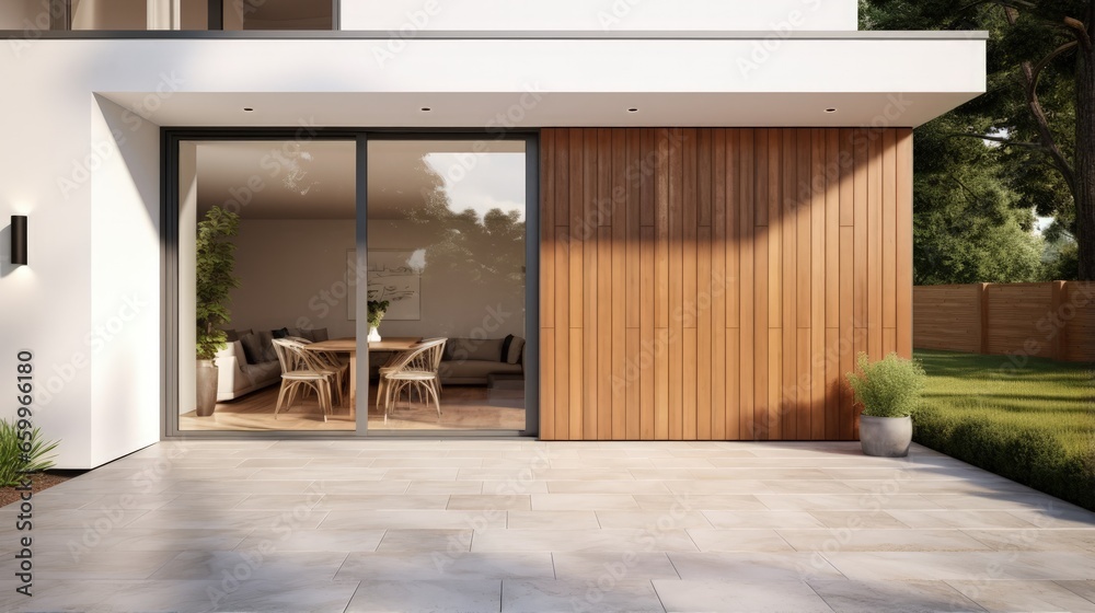 Poster new house with wooden door and empty white signage. 3d rendering of large patio in modern home.