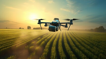 Agriculture drone flying and spraying fertilizer and pesticide over farmland,High technology innovations and smart farming - obrazy, fototapety, plakaty