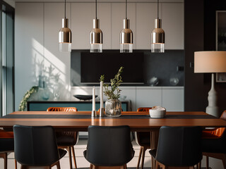 Futuristic hightech dining room blends innovative furniture, elegant design. AI Generation.